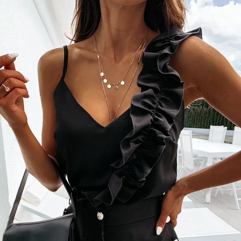 Sommer Bluse Shirts Sexy V-ausschnitt Rüschen Blusen